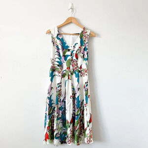 Yaly Couture 100% Silk V Neck Floral Leaf Fit & Flare Dress